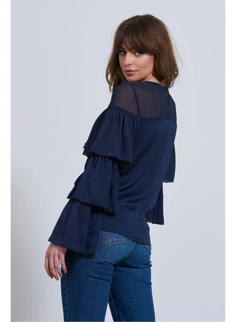 Little Mistress Little Mistress Mesh Insert Navy Tiered Blouse