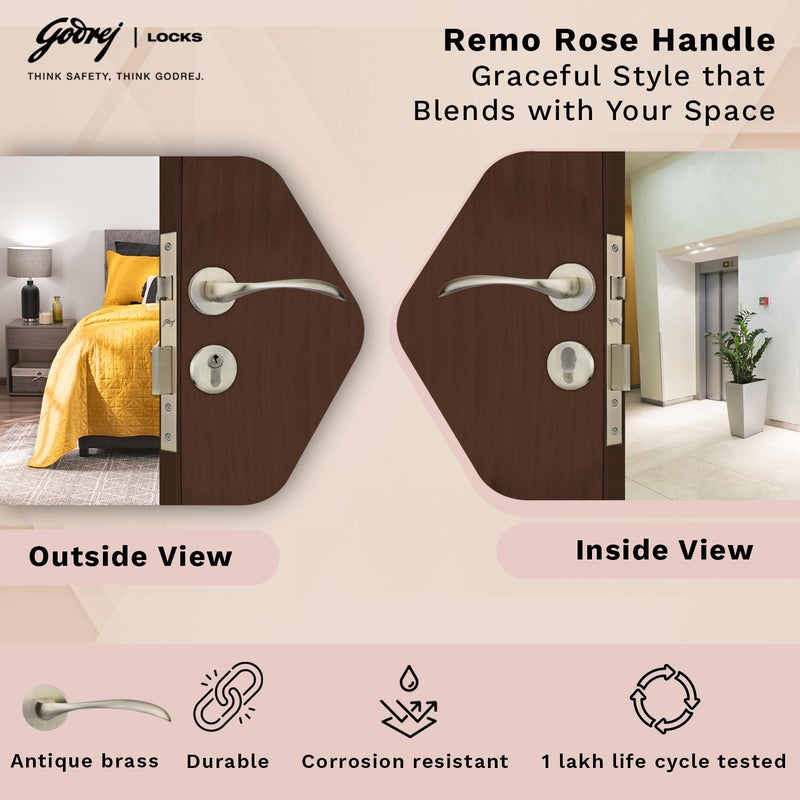 Godrej Locking Solutions and Systems Godrej Mortise Lock Handle Lock Set for Main Bedroom Door Remo Rossette Home Dcor Handle Antique Brass Finish 60 mm 1CK Cylinder Knob from Inside and with 4 Keyswith 5year Warranty  - Image 2