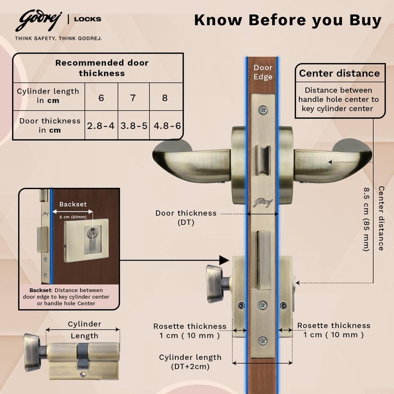 Godrej Locking Solutions and Systems Godrej Mortise Lock Handle Lock Set for Main Bedroom Door Remo Rossette Home Dcor Handle Antique Brass Finish 60 mm 1CK Cylinder Knob from Inside and with 4 Keyswith 5year Warranty  - Image 4