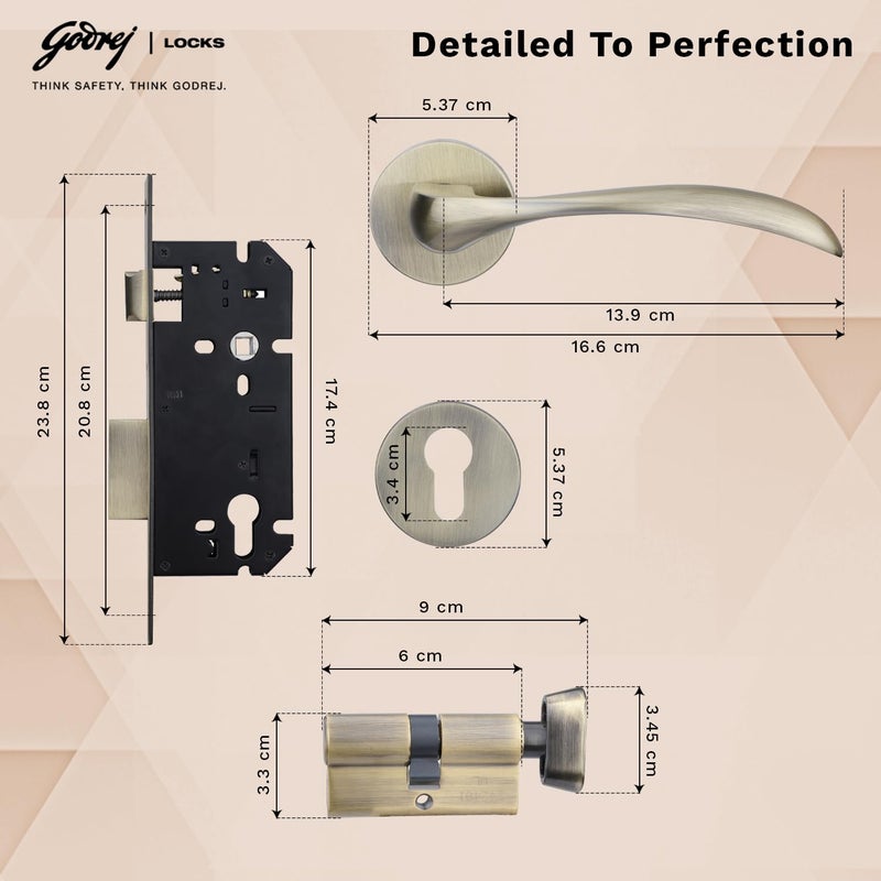 Godrej Locking Solutions and Systems Godrej Mortise Lock Handle Lock Set for Main Bedroom Door Remo Rossette Home Dcor Handle Antique Brass Finish 60 mm 1CK Cylinder Knob from Inside and with 4 Keyswith 5year Warranty  - Image 5