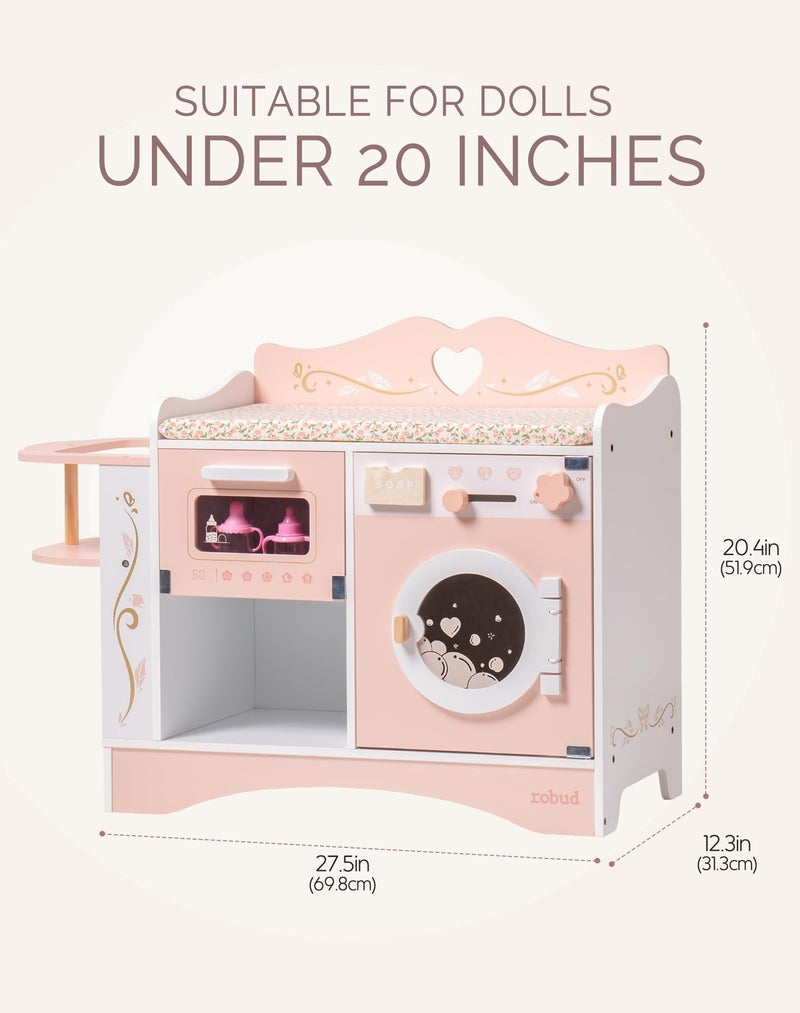 ROBUD Baby Doll Crib, Pink Baby Doll Beds, Wooden Doll Changing Station with Seat, Bottle Sterilizer, Washing Machine and Storage, Doll Accessories of Toy Crib to Kids, WDH20 - Image 2