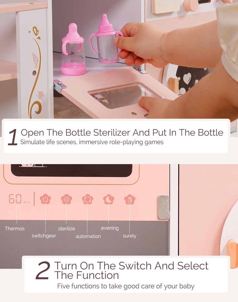 ROBUD Baby Doll Crib, Pink Baby Doll Beds, Wooden Doll Changing Station with Seat, Bottle Sterilizer, Washing Machine and Storage, Doll Accessories of Toy Crib to Kids, WDH20 - Image 5