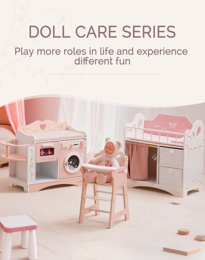 ROBUD Baby Doll Crib, Pink Baby Doll Beds, Wooden Doll Changing Station with Seat, Bottle Sterilizer, Washing Machine and Storage, Doll Accessories of Toy Crib to Kids, WDH20 - Image 3