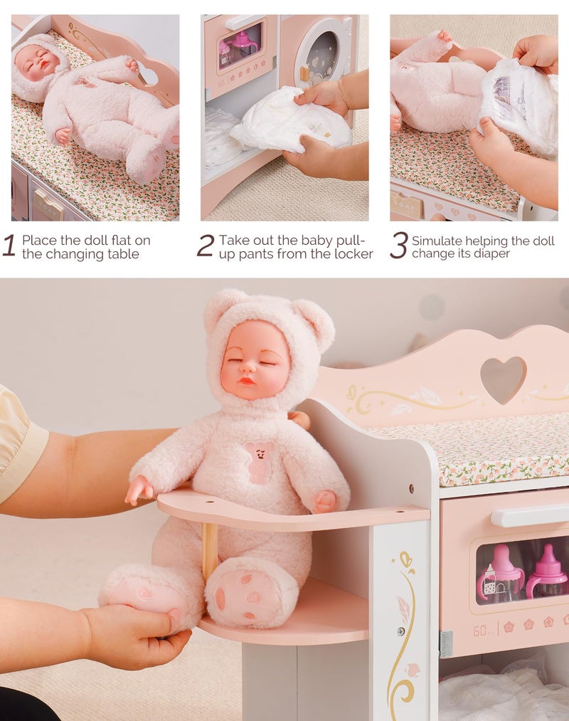ROBUD Baby Doll Crib, Pink Baby Doll Beds, Wooden Doll Changing Station with Seat, Bottle Sterilizer, Washing Machine and Storage, Doll Accessories of Toy Crib to Kids, WDH20 - Image 4