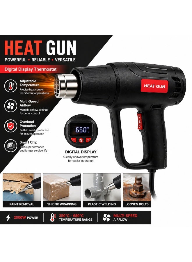 Digital Display Heat Gun, Corded Electric Hot Air Gun with Adjustable Temperature Control, Portable Heat Gun for Shrink Wrap, Paint Removal & DIY Use - Image 2