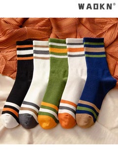 WAOKN 5 Pairs of Men Women Striped Socks, Vintage Crew Socks, Women's Loose Athletic Calf Socks, Casual Cotton Stretchy Novelty Socks, Casual Socks- Perfect for Everyday Wear  - Image 1