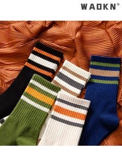 WAOKN 5 Pairs of Men Women Striped Socks, Vintage Crew Socks, Women's Loose Athletic Calf Socks, Casual Cotton Stretchy Novelty Socks, Casual Socks- Perfect for Everyday Wear  - Image 3