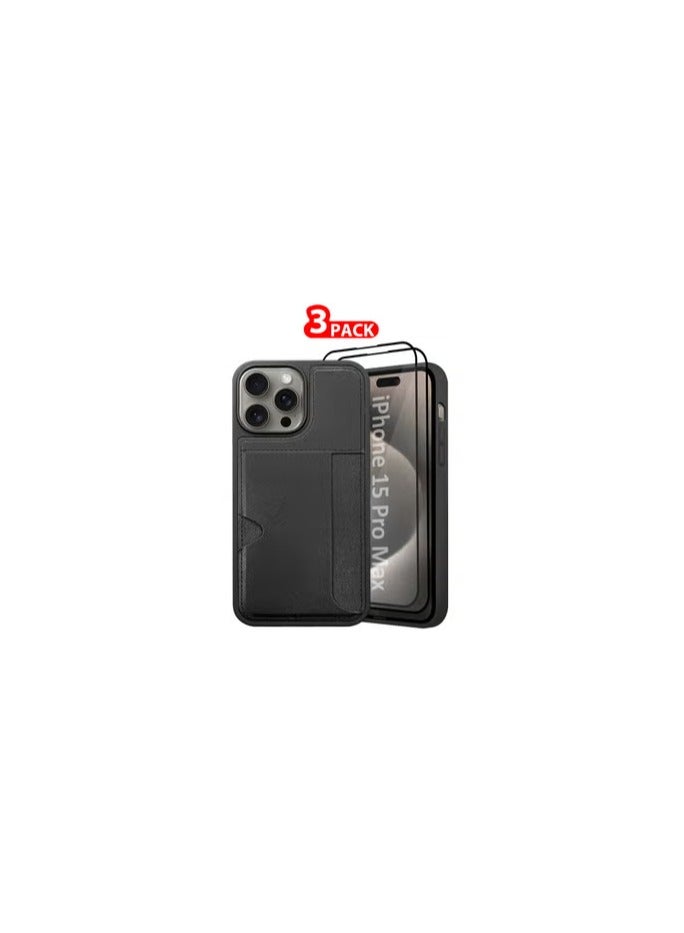 CATANES iPhone 15 Pro Max 3Packs Case Leather Antifingerprint Cover with Wallet Card Slot Shell, Side Insert Card Holder, Anti Fall Protection - Black  - Image 1