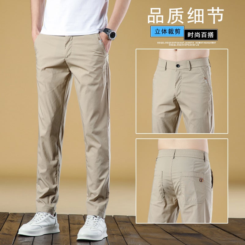 New Trendy Trendy Pants for Season Men Solid Color Simple Comfortable Straight Pants Cotton Elastic Business Casual Pants for Men 569 shallow khakis 