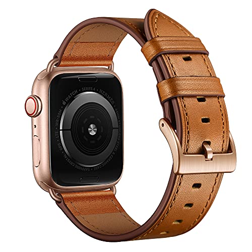 OUHENG Leather Bands Compatible with Apple Watch Band 44mm/45mm/46mm/49mm/42mm, Genuine Leather Strap for iWatch Series 11/7/8/9/10/6/5/4/1/2/3 & Ultra 3/2/1 & SE3 SE2 SE Men Women Brown Rose Gold - Image 3