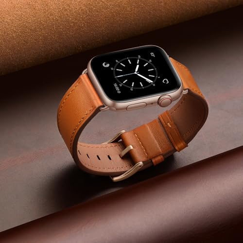 OUHENG Leather Bands Compatible with Apple Watch Band 44mm/45mm/46mm/49mm/42mm, Genuine Leather Strap for iWatch Series 11/7/8/9/10/6/5/4/1/2/3 & Ultra 3/2/1 & SE3 SE2 SE Men Women Brown Rose Gold - Image 5