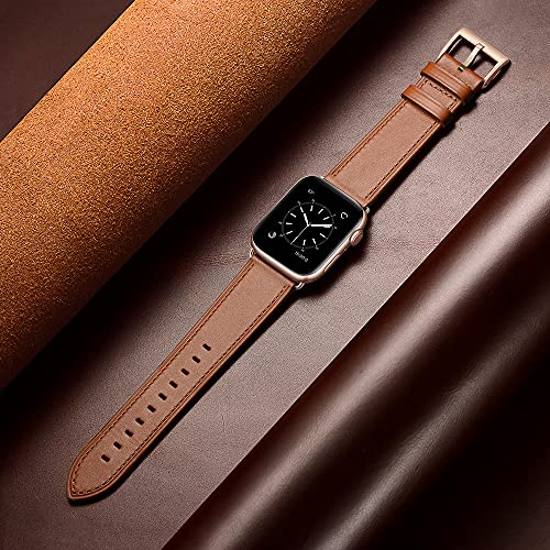 OUHENG Leather Bands Compatible with Apple Watch Band 44mm/45mm/46mm/49mm/42mm, Genuine Leather Strap for iWatch Series 11/7/8/9/10/6/5/4/1/2/3 & Ultra 3/2/1 & SE3 SE2 SE Men Women Brown Rose Gold - Image 4