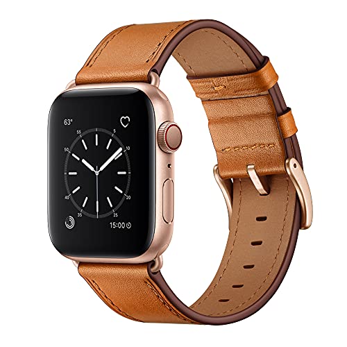 OUHENG Leather Bands Compatible with Apple Watch Band 44mm/45mm/46mm/49mm/42mm, Genuine Leather Strap for iWatch Series 11/7/8/9/10/6/5/4/1/2/3 & Ultra 3/2/1 & SE3 SE2 SE Men Women Brown Rose Gold - Image 2