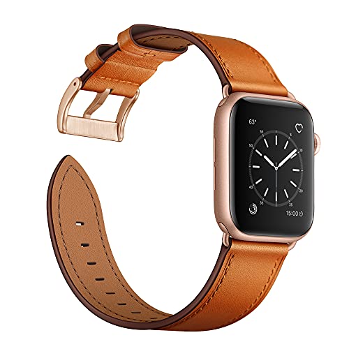 OUHENG Leather Bands Compatible with Apple Watch Band 44mm/45mm/46mm/49mm/42mm, Genuine Leather Strap for iWatch Series 11/7/8/9/10/6/5/4/1/2/3 & Ultra 3/2/1 & SE3 SE2 SE Men Women Brown Rose Gold - Image 1