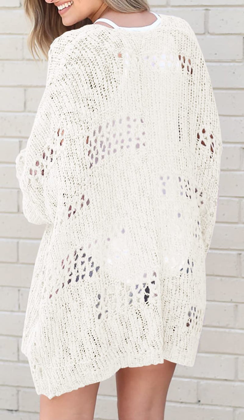 Ermonn Womens Crochet Cardigan Sweater Kimonos Boho Solid Color Oversized Spring Open Front Outwear - Image 3