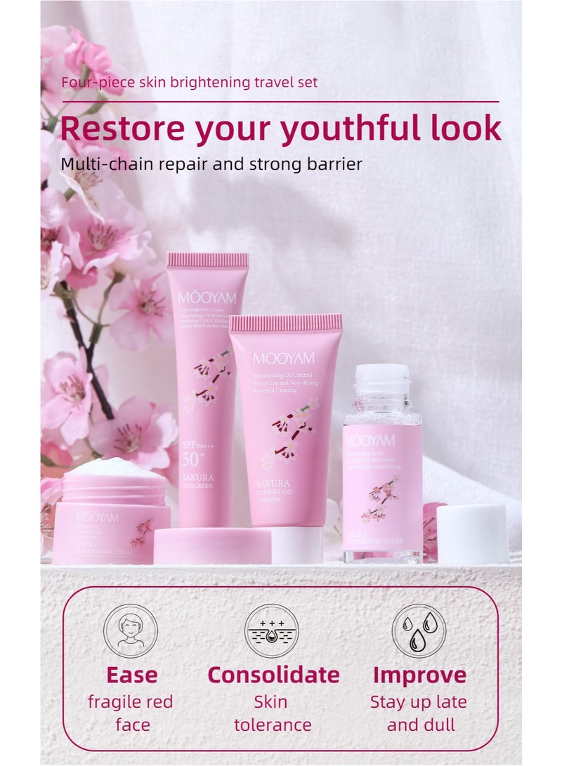 MOOYAM Cherry Blossoms Brightening Travel 4-in-1 Skincare Gift Set with Foaming and Cleanser,Moisturizing Tonernet,Sunscreen,Essence Facial Cream Multi-chain Repair and Strong Barrier Restore - Image 4