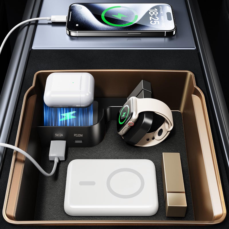 DICMKY Tesla USB Hub Charger & Center Console Organize for Model 3 Highland 2024-2025 & New Model Y Juniper, 4-Port Docking Station for Phone/Headphones/Watch/Tablet Charging Storage Accessories - Image 1