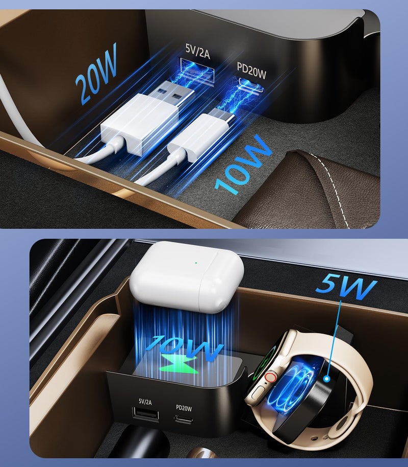 DICMKY Tesla USB Hub Charger & Center Console Organize for Model 3 Highland 2024-2025 & New Model Y Juniper, 4-Port Docking Station for Phone/Headphones/Watch/Tablet Charging Storage Accessories - Image 5