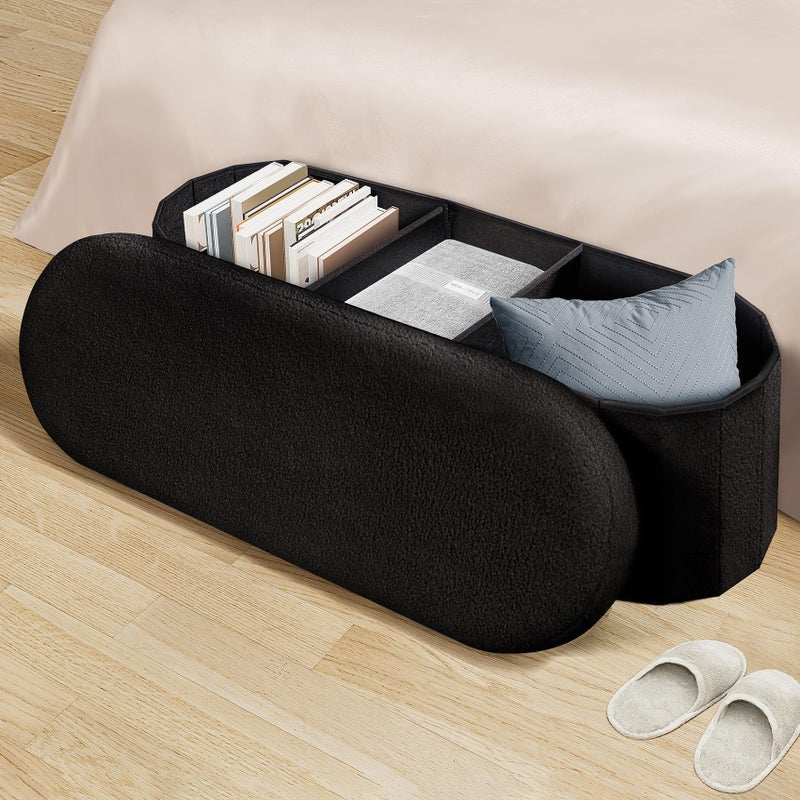 PINPLUS Storage Ottoman Bench Tufted Oval Ottomans Bench Foot Rest, Chest Box Velvet Bench with Storage 43"x15"x15" (Black) - Image 2