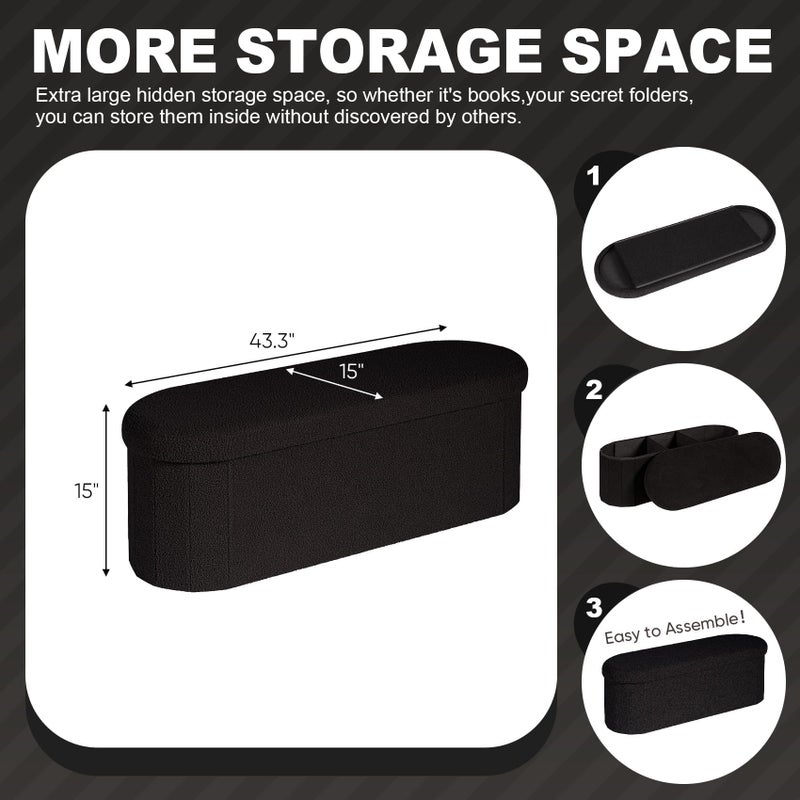 PINPLUS Storage Ottoman Bench Tufted Oval Ottomans Bench Foot Rest, Chest Box Velvet Bench with Storage 43"x15"x15" (Black) - Image 3