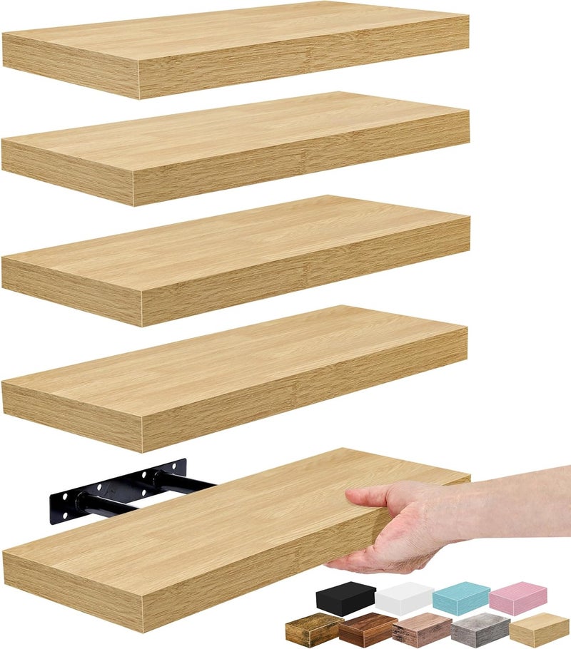 Sorbus Floating Shelves for Wall, Bathroom Shelves Wall Mounted for Kitchen, Bedroom, Living Room, Bathroom Storage, Over Toilet, Hanging Book Shelf for Ｗall Home Decor (Maple Wood, 5 Pack) - Image 1