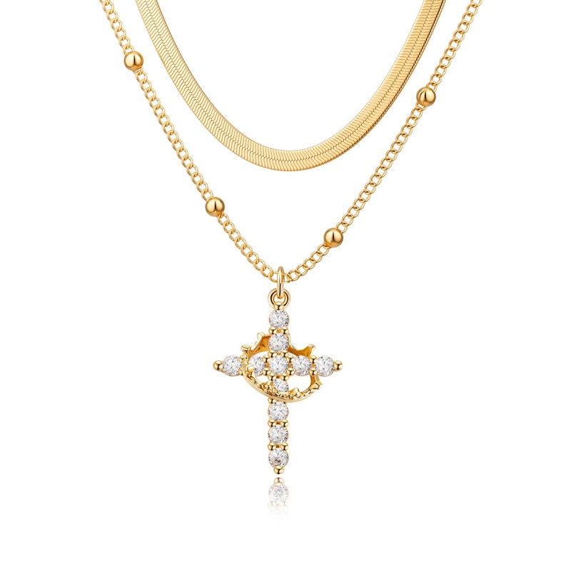 Robaice Cross Necklace for Women 14K Gold Plated Crown Cross Pendant Necklace Simple Gold Necklaces Faith Cross Jewelry First Communion Necklace, Herringbone Chain Set - Image 1