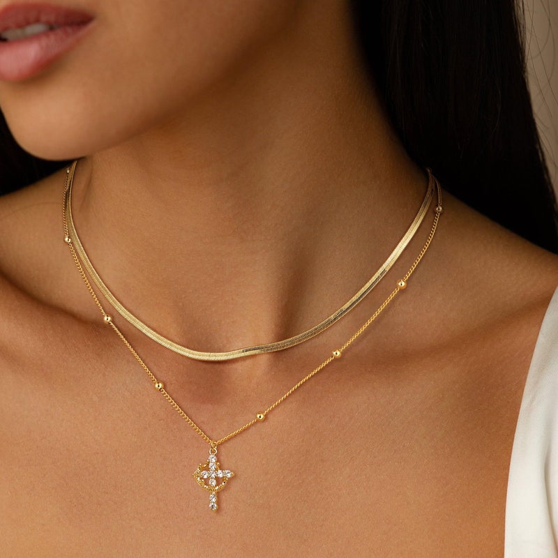 Robaice Cross Necklace for Women 14K Gold Plated Crown Cross Pendant Necklace Simple Gold Necklaces Faith Cross Jewelry First Communion Necklace, Herringbone Chain Set - Image 2