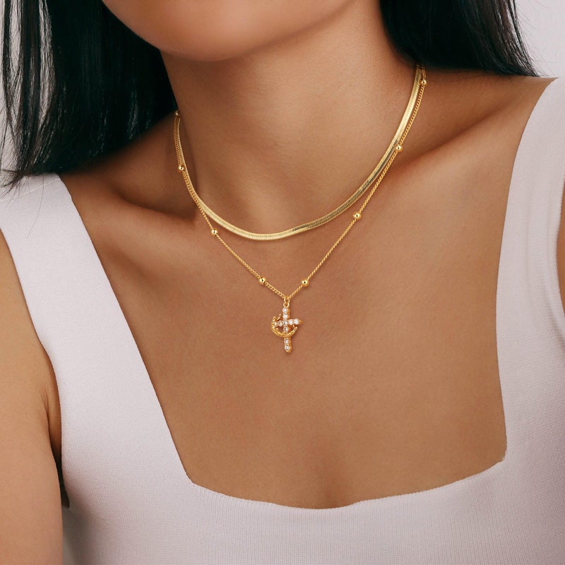 Robaice Cross Necklace for Women 14K Gold Plated Crown Cross Pendant Necklace Simple Gold Necklaces Faith Cross Jewelry First Communion Necklace, Herringbone Chain Set - Image 3