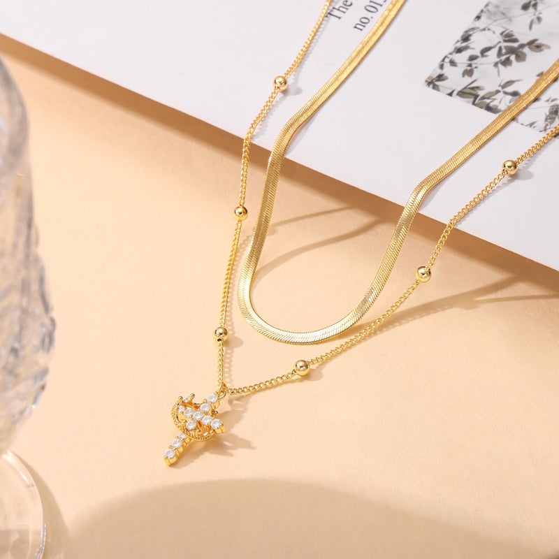 Robaice Cross Necklace for Women 14K Gold Plated Crown Cross Pendant Necklace Simple Gold Necklaces Faith Cross Jewelry First Communion Necklace, Herringbone Chain Set - Image 5