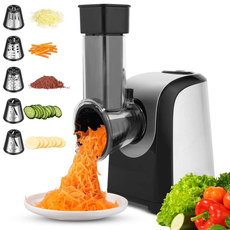 Electric Cheese Grater 5 in 1 Professional Rotary Cheese Grater Vegetable Slicer Electric Salad Shooter Spiralizer for Veggies Grated Carrots Salad Broccoli Slaw Cheeses Fruits 150W