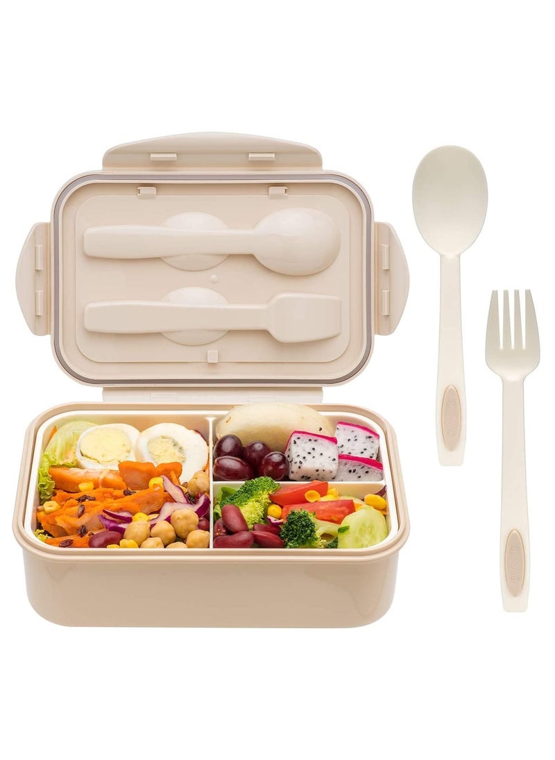 YumLock - YumLock Bento Box, 1.4L Leakproof 3-Compartment Lunch Box for Kids and Adults with Spoon and Fork, Khaki - Image 1