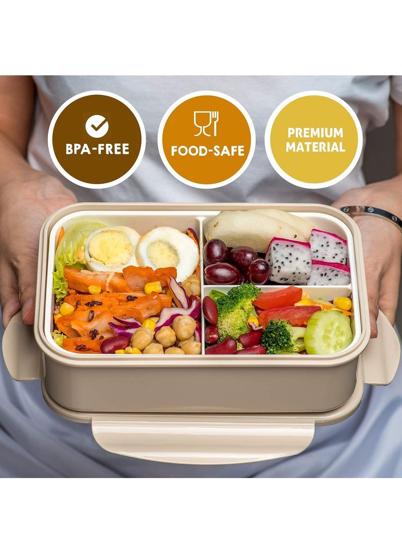 YumLock - YumLock Bento Box, 1.4L Leakproof 3-Compartment Lunch Box for Kids and Adults with Spoon and Fork, Khaki - Image 1