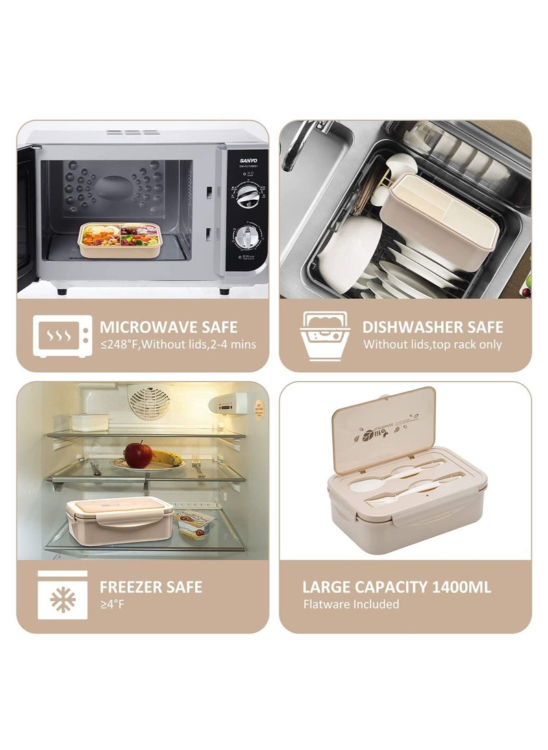 YumLock - YumLock Bento Box, 1.4L Leakproof 3-Compartment Lunch Box for Kids and Adults with Spoon and Fork, Khaki - Image 1