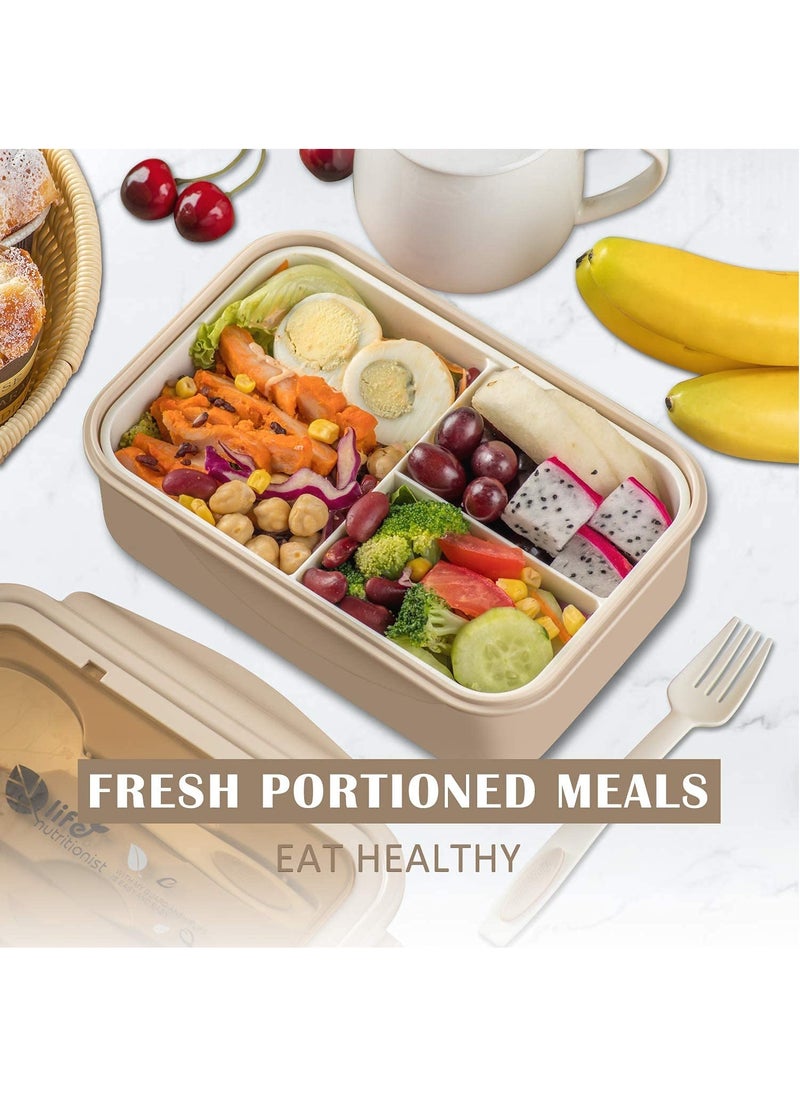 YumLock - YumLock Bento Box, 1.4L Leakproof 3-Compartment Lunch Box for Kids and Adults with Spoon and Fork, Khaki - Image 1