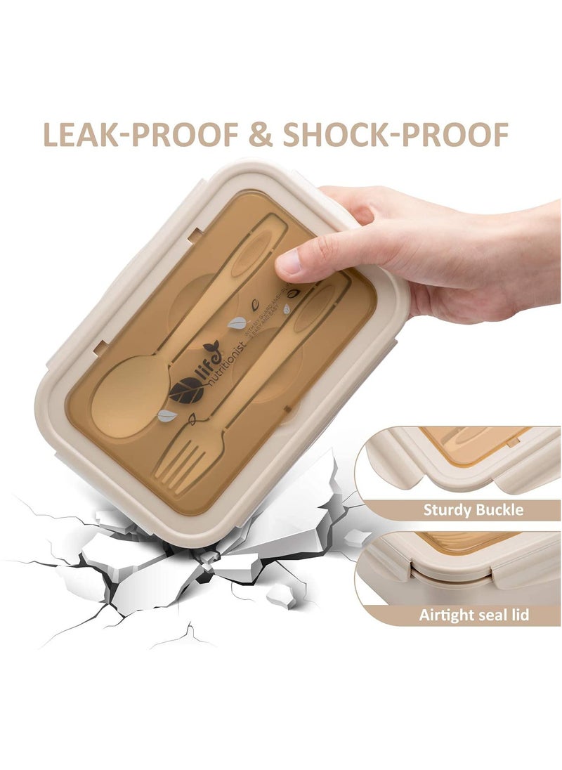 YumLock - YumLock Bento Box, 1.4L Leakproof 3-Compartment Lunch Box for Kids and Adults with Spoon and Fork, Khaki - Image 1