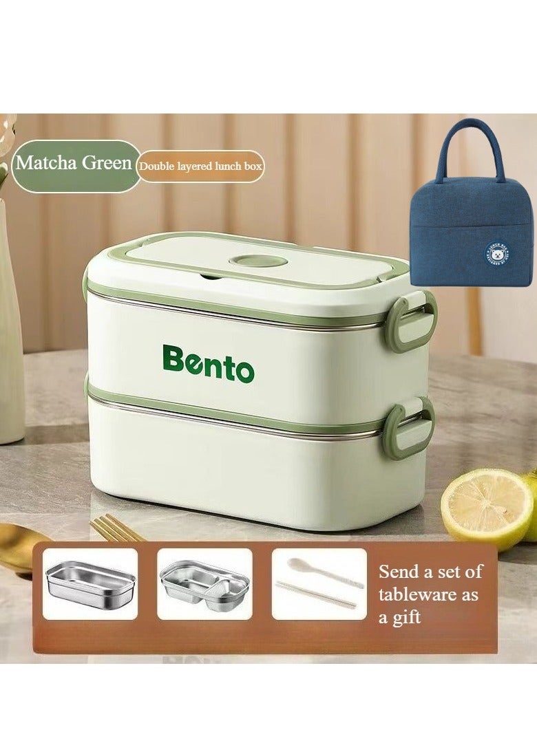 علبة غداء مزدوجة الطبقات بلون أخضر ماتشا قابلة للتسخين ومقاومة للتسرب مع حقيبة حرارية مجانًا - Image 1