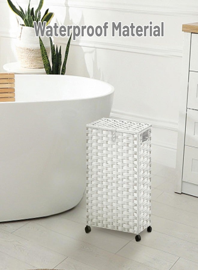 Hiagnete Toilet Paper Storage Basket with Lid and Wheels, Rattan Toilet Paper Holder Storage, Toilet Paper Organizer for Bathroom, Bedroom, Kitchen, White - Image 3