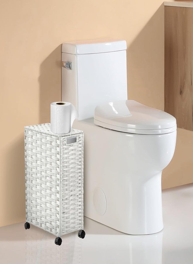 Hiagnete Toilet Paper Storage Basket with Lid and Wheels, Rattan Toilet Paper Holder Storage, Toilet Paper Organizer for Bathroom, Bedroom, Kitchen, White - Image 2