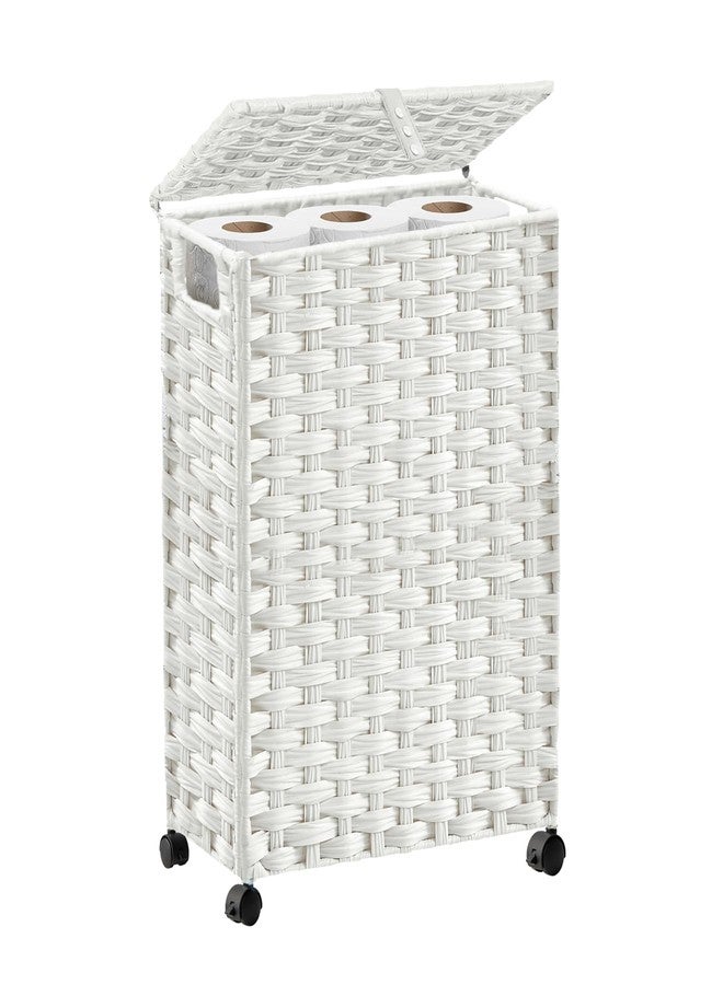 Hiagnete Toilet Paper Storage Basket with Lid and Wheels, Rattan Toilet Paper Holder Storage, Toilet Paper Organizer for Bathroom, Bedroom, Kitchen, White - Image 1