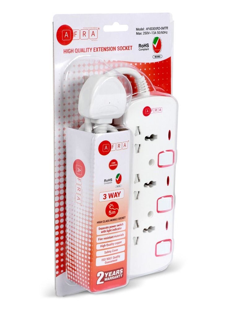 AFRA - AFRA Universal Extension Cord, 3 Way, 3 Universal Sockets, 5 Meter Cable, Easy Set-Up & Storage, Shockproof, 250V with 2 years warranty - Image 1