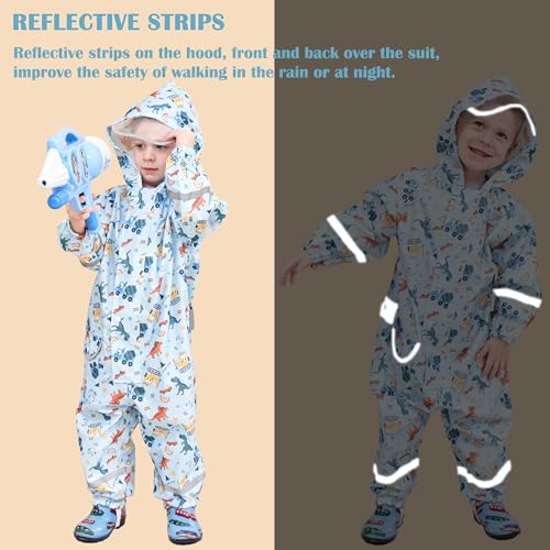 Fewlby Kids Toddler Rain Suit for Boys Girls One Piece Hoodie Zipper Cartoon Waterproof Coverall Rain Jacket 5-7 Years L Size - Image 4