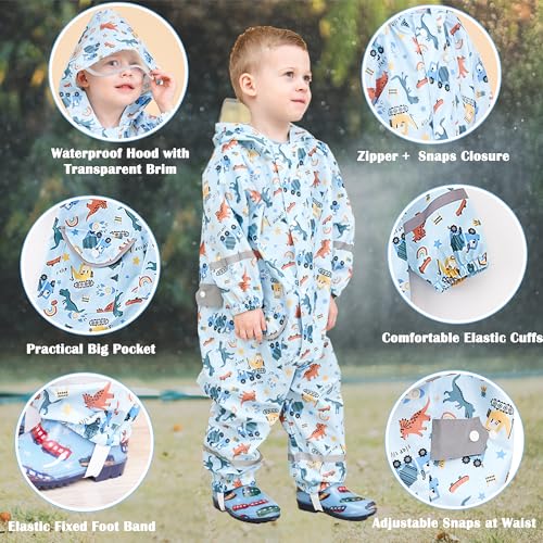Fewlby Kids Toddler Rain Suit for Boys Girls One Piece Hoodie Zipper Cartoon Waterproof Coverall Rain Jacket 5-7 Years L Size - Image 2