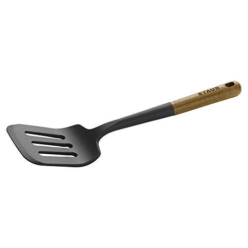 STAUB Silicone Spatula Turner Perfectly Angled for Lifting Pancakes Sandwiches and Picking up Veggies Durable BPAFree Matte Black Silicone Acacia Wood Handles Safe for Nonstick Cooking Surfaces