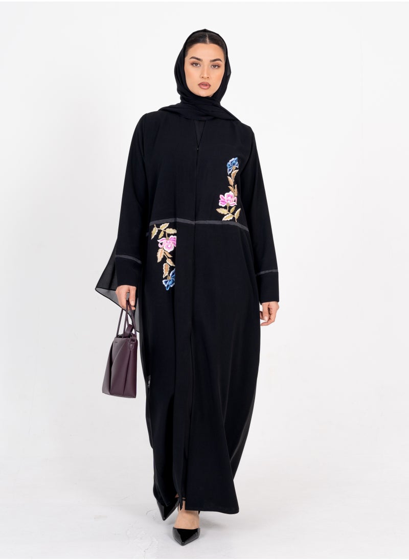 Rosette Abaya Embellished Abaya with  Flowers Embroidery  - Image 1