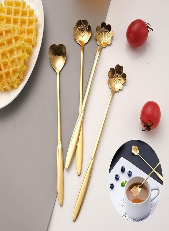 BLISS START Kitchen Dinner Dining Tableware, Cutlery Dessert Spoon, Coffee, Sugar, Mixing, Tea, Stirring,Cake and Ice Cream Spoon,Stir bar Gold Flower Stainless Steel Spoon - (Set of 4) - Image 1