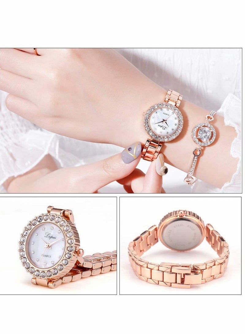KASTWAVE Women Luxury Watches, 2 Pcs Lady Watches with Bracelet Set, Analogue Quartz Diamond Watches with Stainless Steel Strap - Image 2