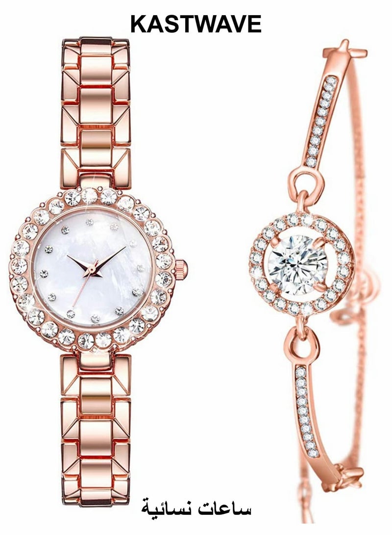 KASTWAVE Women Luxury Watches, 2 Pcs Lady Watches with Bracelet Set, Analogue Quartz Diamond Watches with Stainless Steel Strap - Image 1