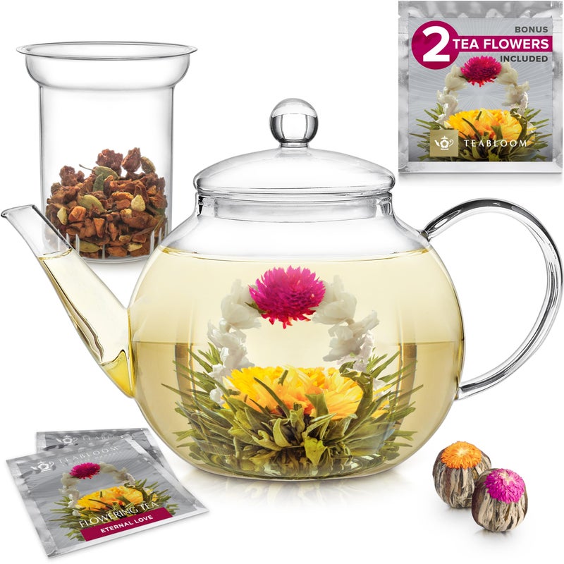 Teabloom Stovetop & Microwave Safe Glass Teapot with Removable Loose Tea Glass Infuser â€“ Includes 2 Blooming Teas â€“ 2-in-1 Tea Kettle and Tea Maker â€“ Tea Purist's Choice - Image 1