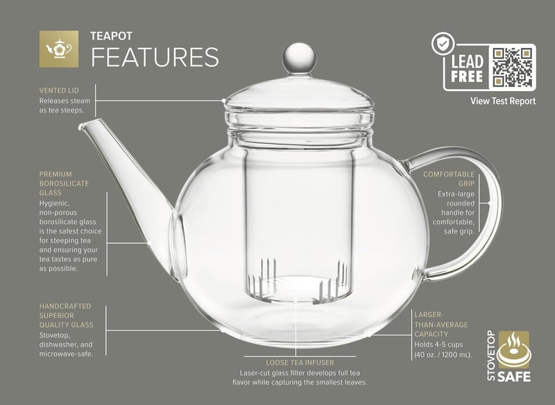 Teabloom Stovetop & Microwave Safe Glass Teapot with Removable Loose Tea Glass Infuser â€“ Includes 2 Blooming Teas â€“ 2-in-1 Tea Kettle and Tea Maker â€“ Tea Purist's Choice - Image 4