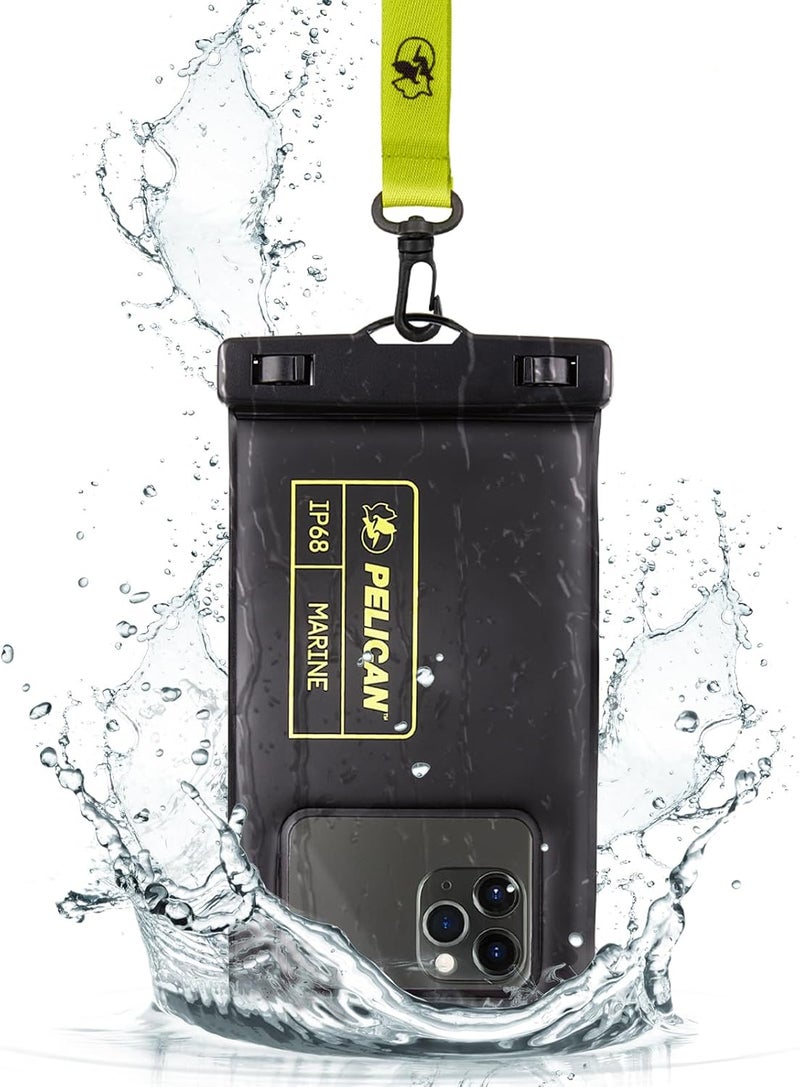 Pelican Case-Mate Marine - IP68 Waterproof Phone Pouch (Regular Size) - Floating Waterproof Phone Case For iPhone 14 Pro Max/ 13 Pro Max/ 12 Pro Max/ 11/ S22 Ultra - Detachable Lanyard - Black/Yellow - Image 1